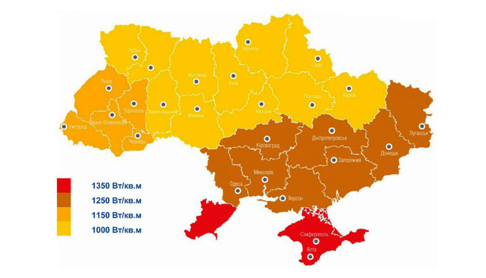 Карта распределения солнечной инсоляции на территории Украины
