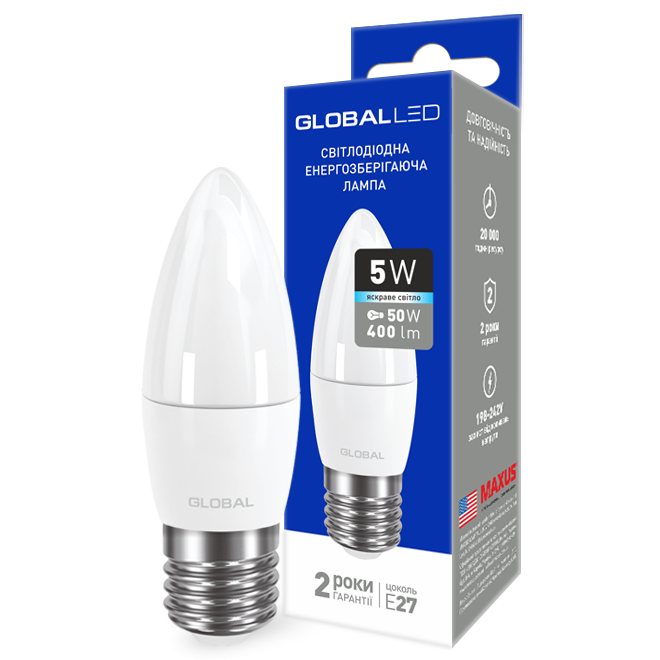 LED лампа GLOBAL C37 CL-F 5W яскраве світло 220V E27 AP  - 17544