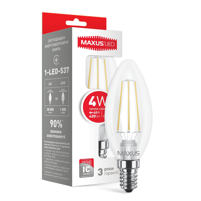 LED лампа MAXUS (филамент), C37, 4W, мягкий свет, E14 (1-LED-537) - 17555