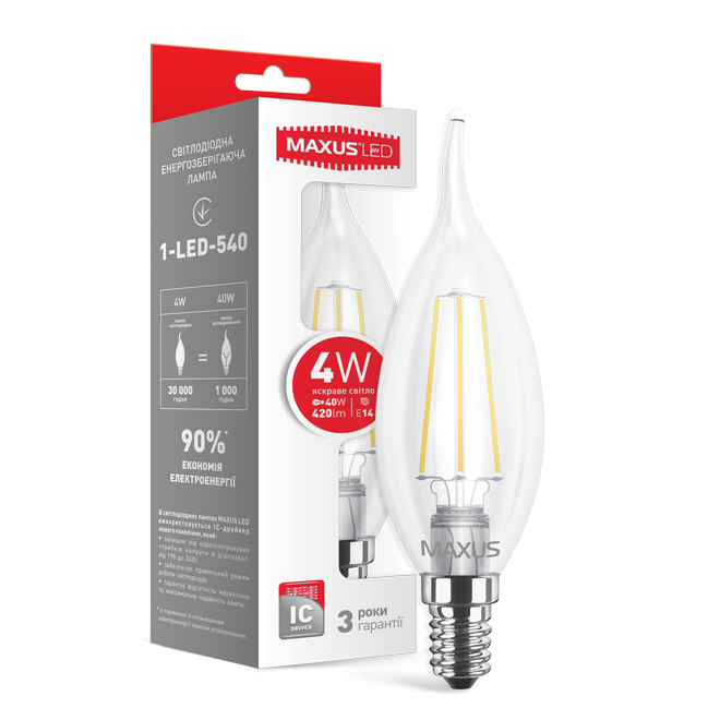 LED лампа MAXUS (филамент), C37 TL, 4W, яскраве світло, E14 (1-LED-540) - 17556