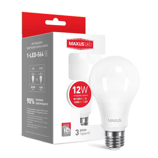 LED лампа MAXUS A65 12W яркий свет 220V E27 (1-LED-564) - 17527