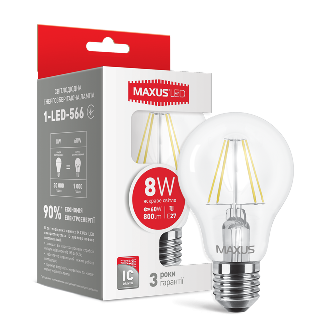 LED лампа MAXUS (филамент), А60, 8W, яскраве світло, E27  - 17535