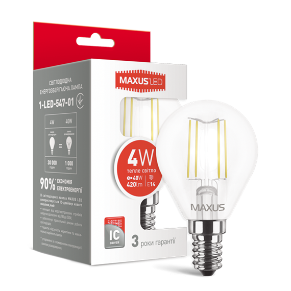 LED лампа MAXUS G45 FM 4W тепле світло 220V E14  - 17861